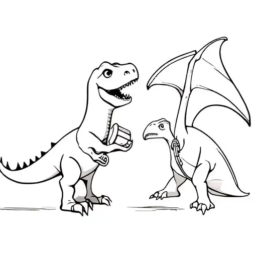Cartoon Cute T-rex And Pterodactyl Talking On Phone Cord