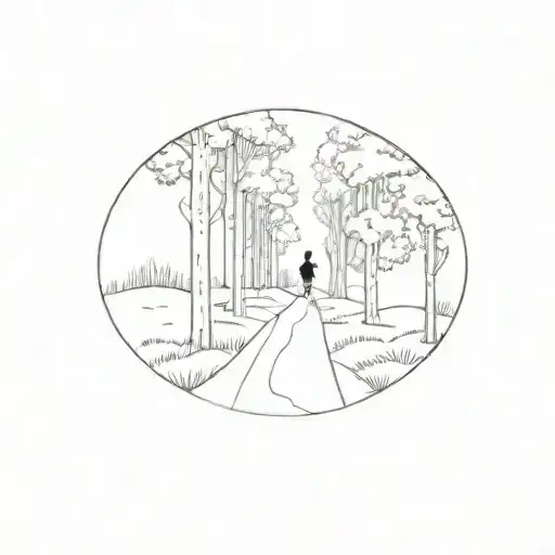 Forest Of Oak Trees With Path With Woman Walking At Beginning Of Path