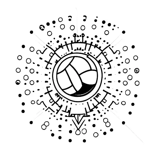 A Dotwork Tattoo Of A Volleyball With A Silhouette Of A Dog Jumping Over It