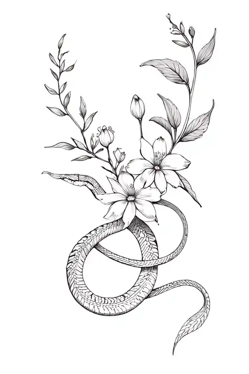 Botanical Floral Intertwined With Tiny Snake Wrapped