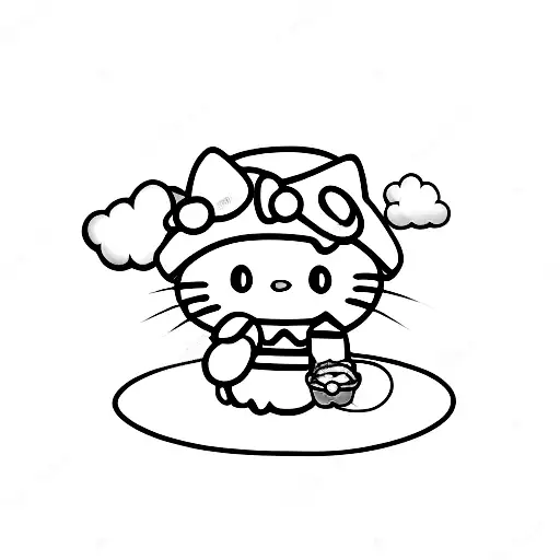 Realistic Depiction Of Hello Kitty Sitting On A Cloud Made Of Cotton Candy