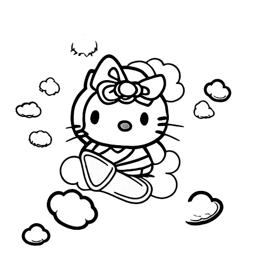 Realistic Depiction Of Hello Kitty Sitting On A Cloud Made Of Cotton Candy