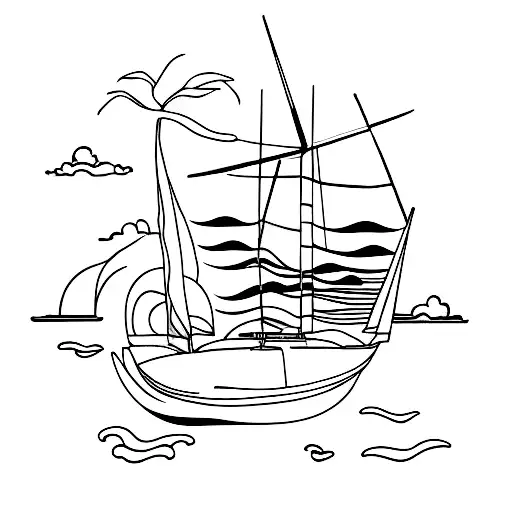 Catamaran On The Ocean With Palm Trees In The Back