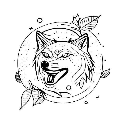 A Minimalist Tattoo Of A Wolf Howling At The Moon Surrounded By Leaves In Autumn Colors