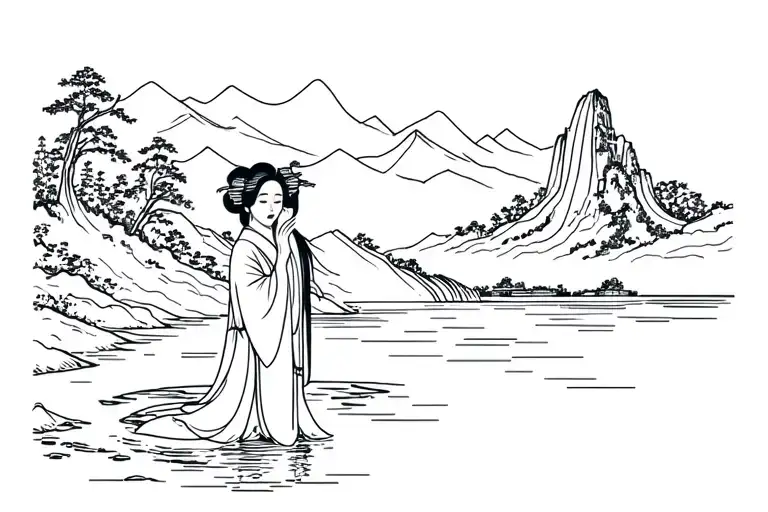 Geisha Crying Woman Standing Near A River Flowing And A Waterfall In A Mountain Landscape