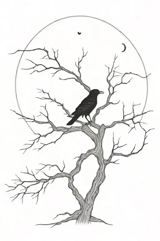 A Dead Tree With The Moon Behind And A Crow Perched On A Branch