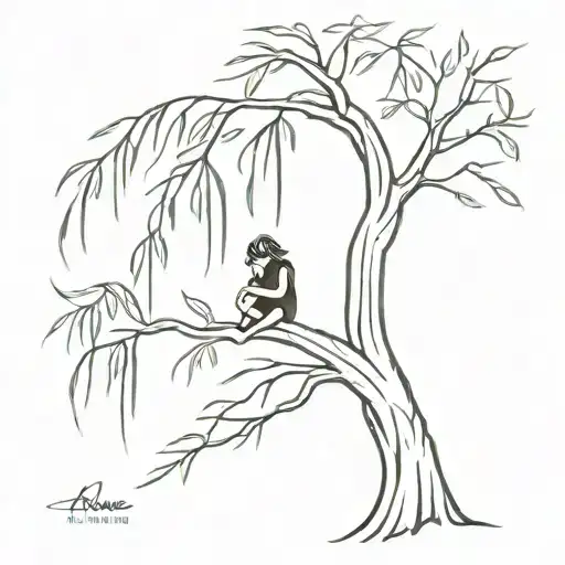 Weeping Willow Tree With Little Kid Underneath