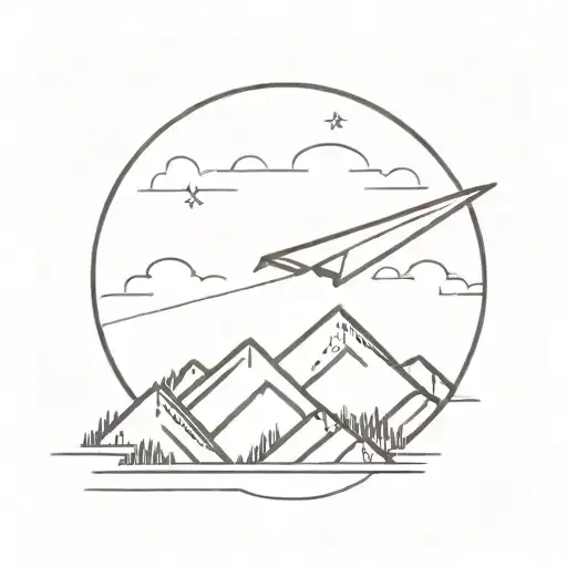 A Minimalist Tattoo Of A Paper Airplane Flying Over A Mountain Range