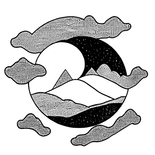 Mountains With Sun And Moon And Cloud And Waves