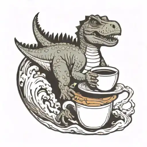 Dinosaur Surfing Holding Mug Of Coffee
