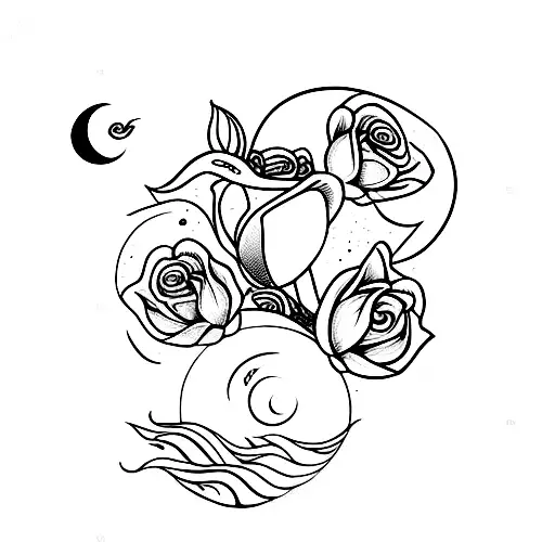 Cresent Moon With Small Rose And Snowdrop Flower On The Side