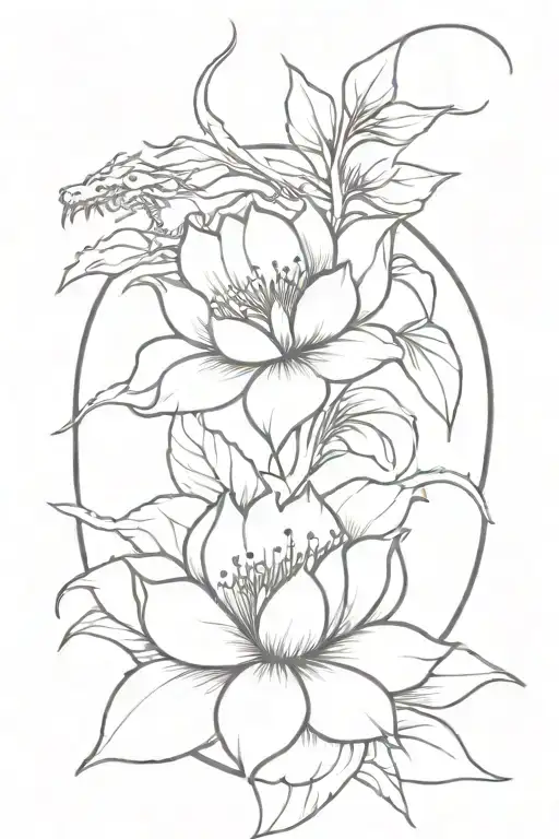 Flowers And Dragon Fine Line