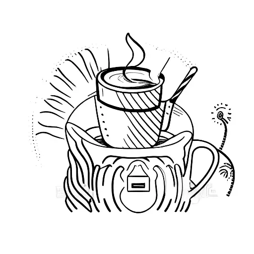 A Minimalist Design Of A Beach Scene With A Coffee Mug And A Passport