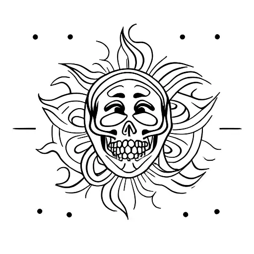 A Minimalist Tattoo Of A Beach Scene With A Skull-shaped Sun