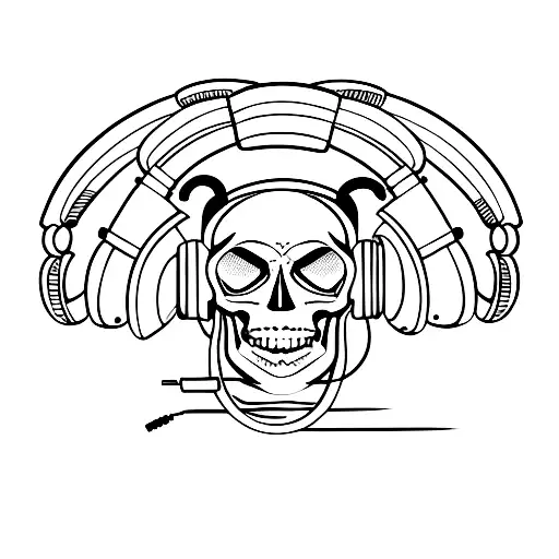 A Minimalist Tattoo Of A Skull Wearing Headphones And Surrounded By Musical Instruments