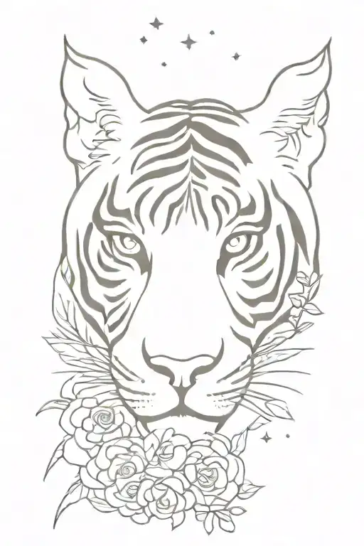 Half Tiger's Face With Flowes And Galaxy Filled With Stars