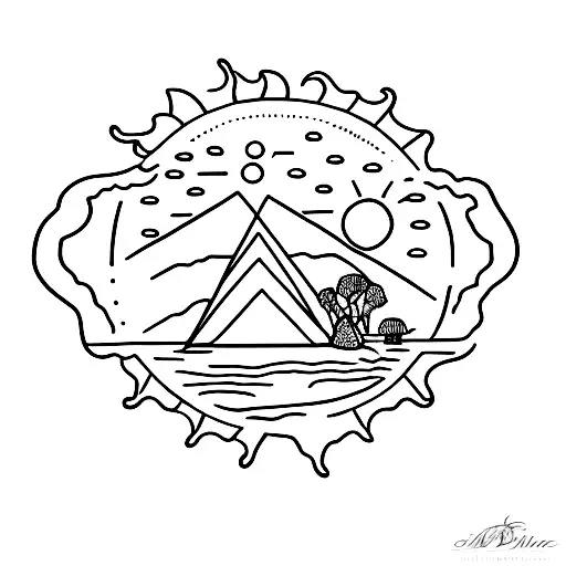 A Minimalist Tattoo Of A Sun Setting Over An Australian Beach With A Koala And Kangaroo Silhouettes