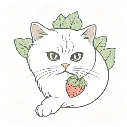 White Persian Cat With Bright Eyes Laying Over A Giant Strawberry
