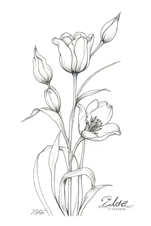 Drawing Of Two Tulips With The Stems Being The Names Zoe And Mizobi In Fancy Cursive Black And White