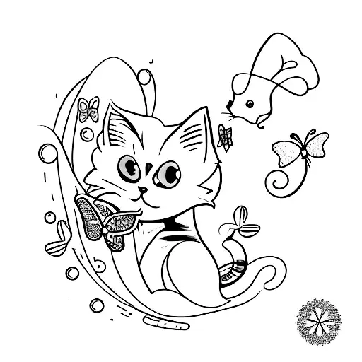 A Minimalist Tattoo Of A Cat Playing With A Butterfly On The Beach