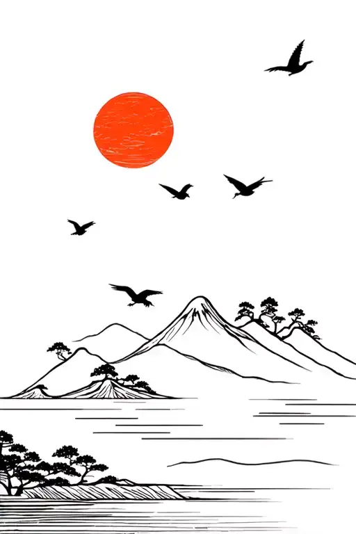 Japanese Sea Sun Mountains Trees Birds Family