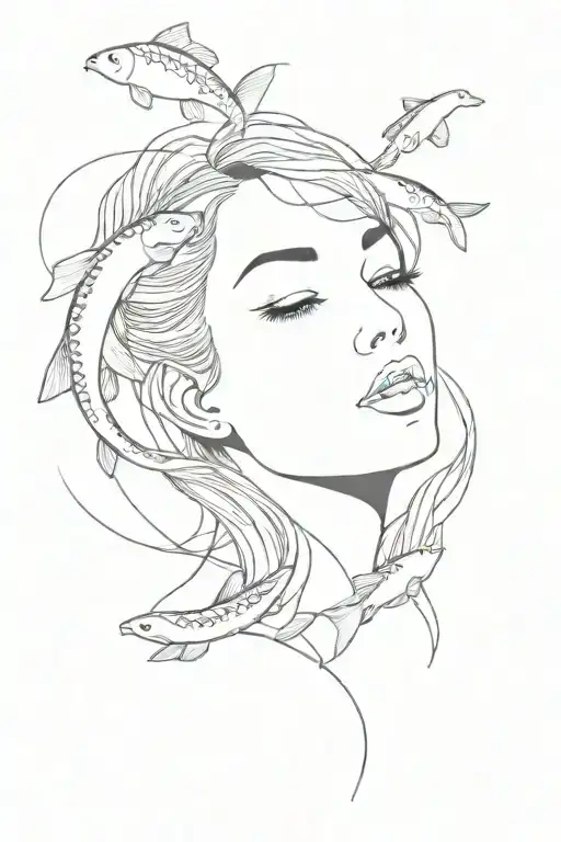 Line Art Of A Womans Face Leading Into Two Koi Fish