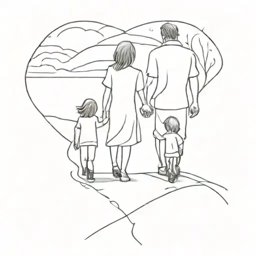 Father Son Daughter And Mother Walking On The Road