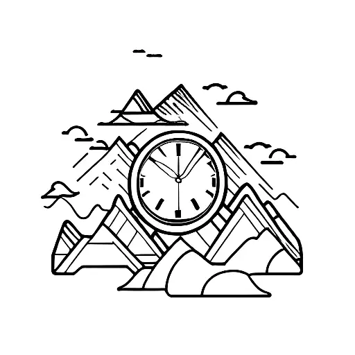 A Mountain Landscape With A Clock Tower In The Foreground