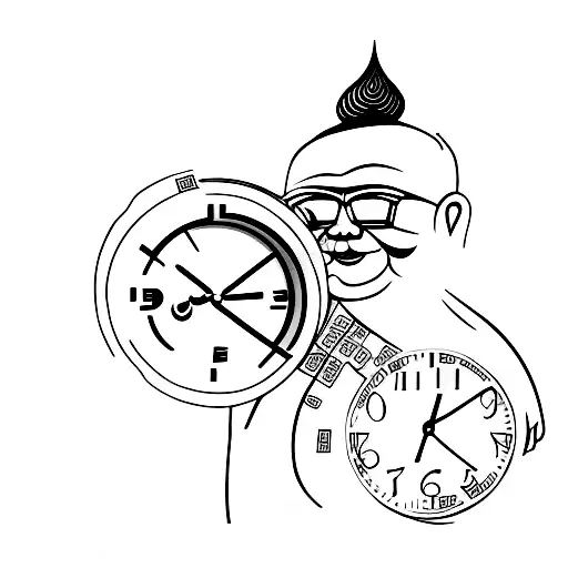 Buddah With A Clock Behind Him With Money