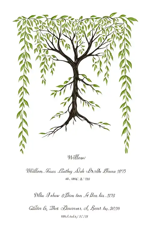 Willow Tree In The Middle And 4 Small Dates Of Birth In Roman Letters Under Treetop As A Family Tree