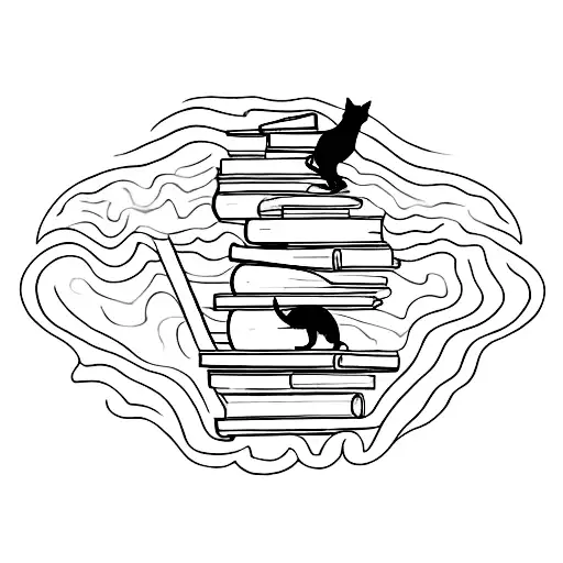 A Realism Style Tattoo Of A Bookshelf Filled With Books And A Cat And A Dog Sitting On Top