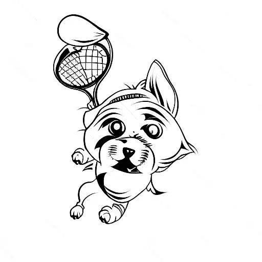A Minimalist Tattoo Of A Tennis Racket And Ball With A Dog Chasing After It