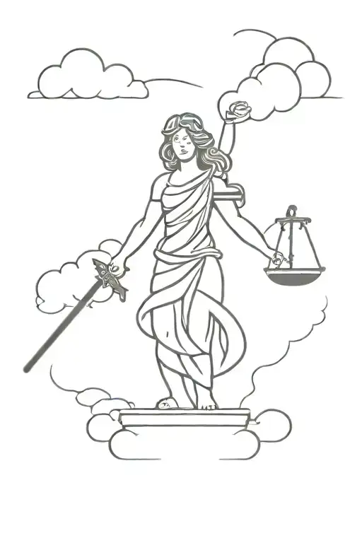 Lady Justice With Sword And Scale With Clouds Behind