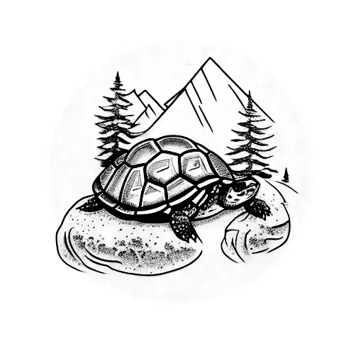 A Mountain Landscape With A Hidden Turtle Camouflaged Within
