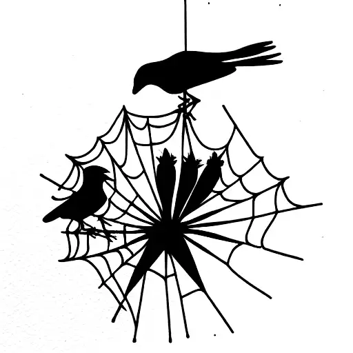 Crow And Spider Hanging On A Web