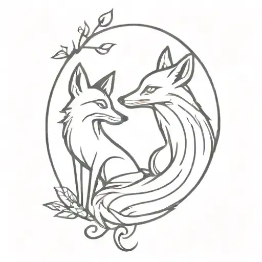 A Minimalist Tattoo Of A Fox And A Raven Playing Together In A Whimsical Scene