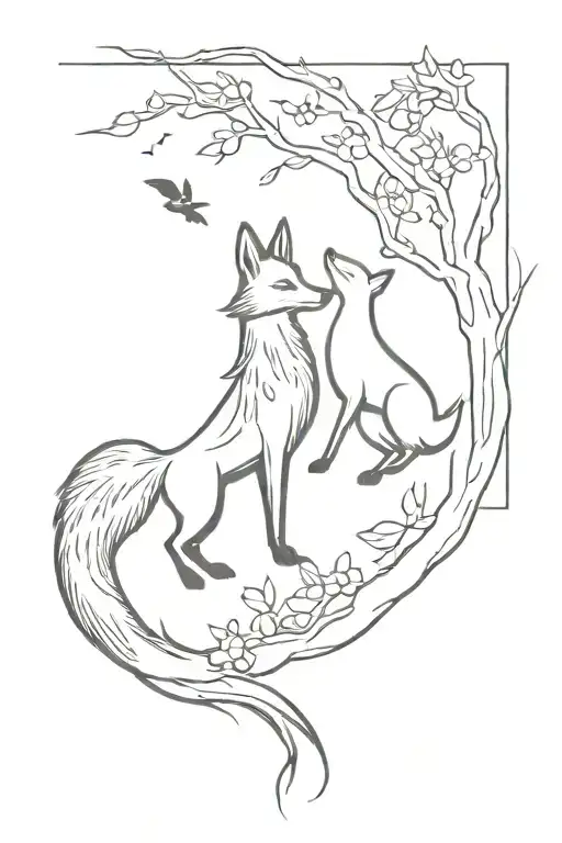 A Minimalist Tattoo Of A Fox And A Raven Playing Together In A Whimsical Scene