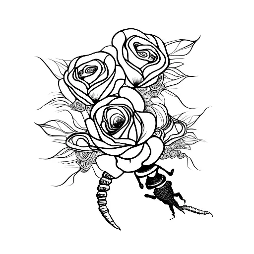 A Realistic Black-grey Tattoo Of A Scorpion Surrounded By Blooming Roses