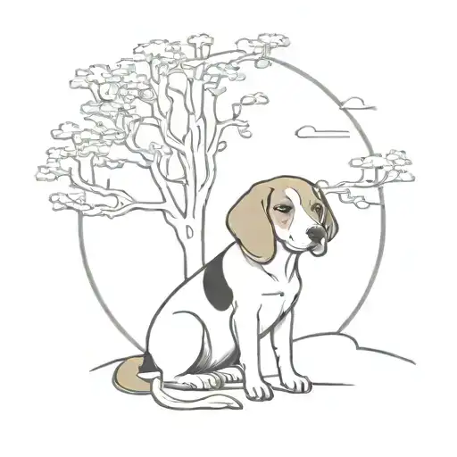 Beagle Sitting Next To Tree With Sun