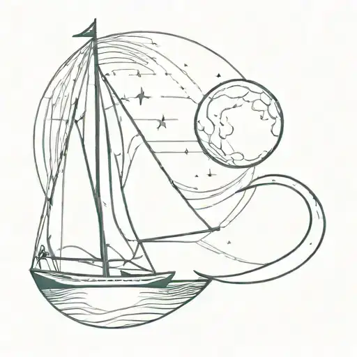 A Masculine Sailboat Tattoo With A Moon In Background With Bold Lines