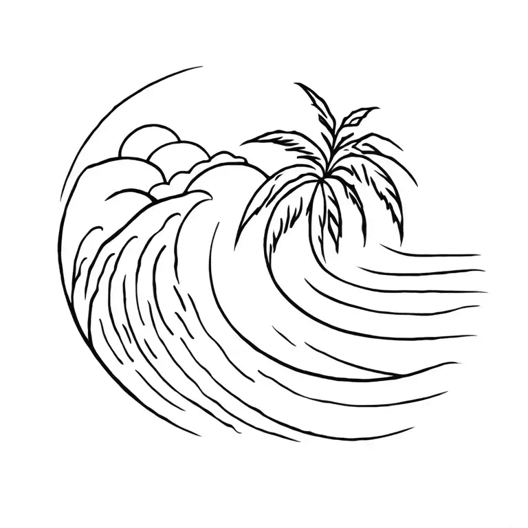 Wave And Sun And Palm Tree