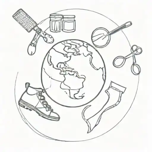 A Minimalist Tattoo Of A Globe With Cooking Utensils And Dance Shoes