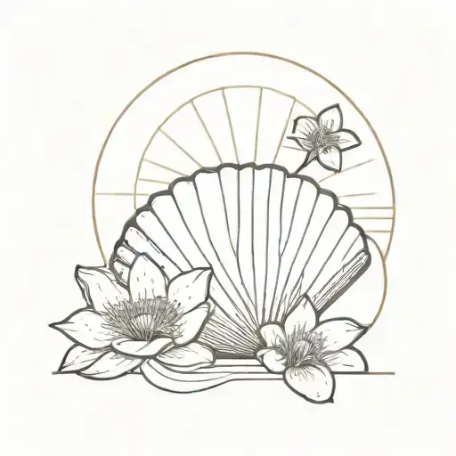 Scallop Shell With Sun Behind And Dogwood Flowers