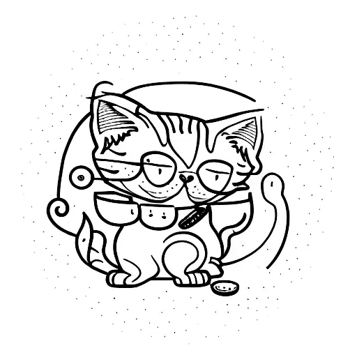 A Dotwork Tattoo Of A Cat Sitting On A Vinyl Record With Food Items Around