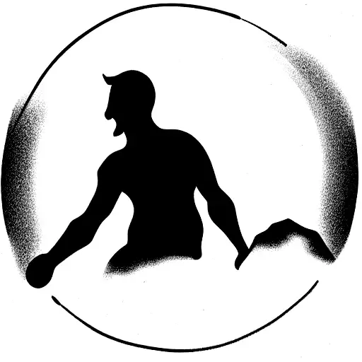 Silhouette Of Smiling Man Pushing A Boulder Up A Mountain