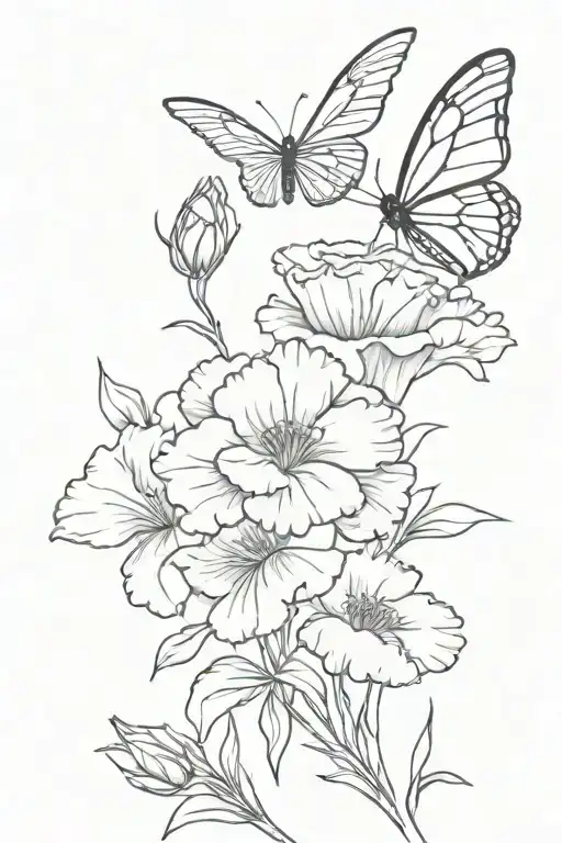 Carnation Bouquet Fine Line With One Butterfly Flying