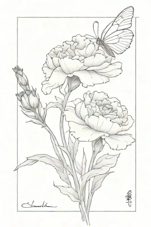Carnation Bouquet Fine Line With Single Butterfly