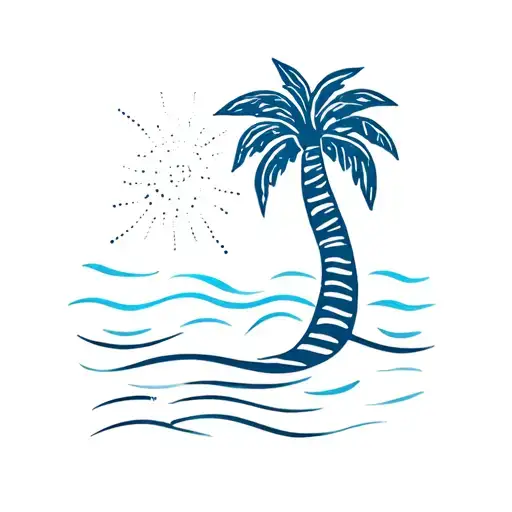 Sunshine And Palm Tree And Ocean Waves Line And Dot