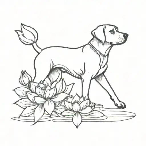 A Black Lab In The Sunrise Surrounded By Lotus Flowers