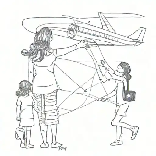 Mom Dad And Two Daughters And Plane In The Sky With Lines Only